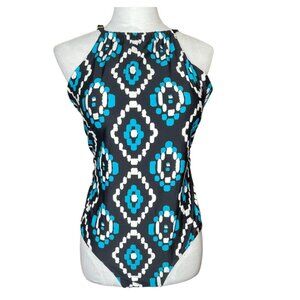 Jones New York Black Teal Diamond High Neck One Piece Swimsuit Sz 12